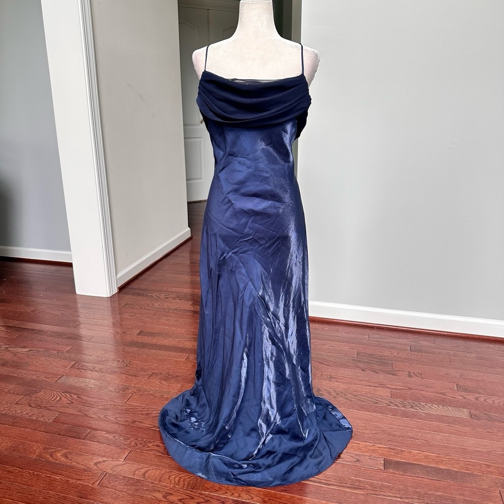 Eureka USA Blue Cowl Neck Draped Feminine Elegant Goddess Gown Dress XL